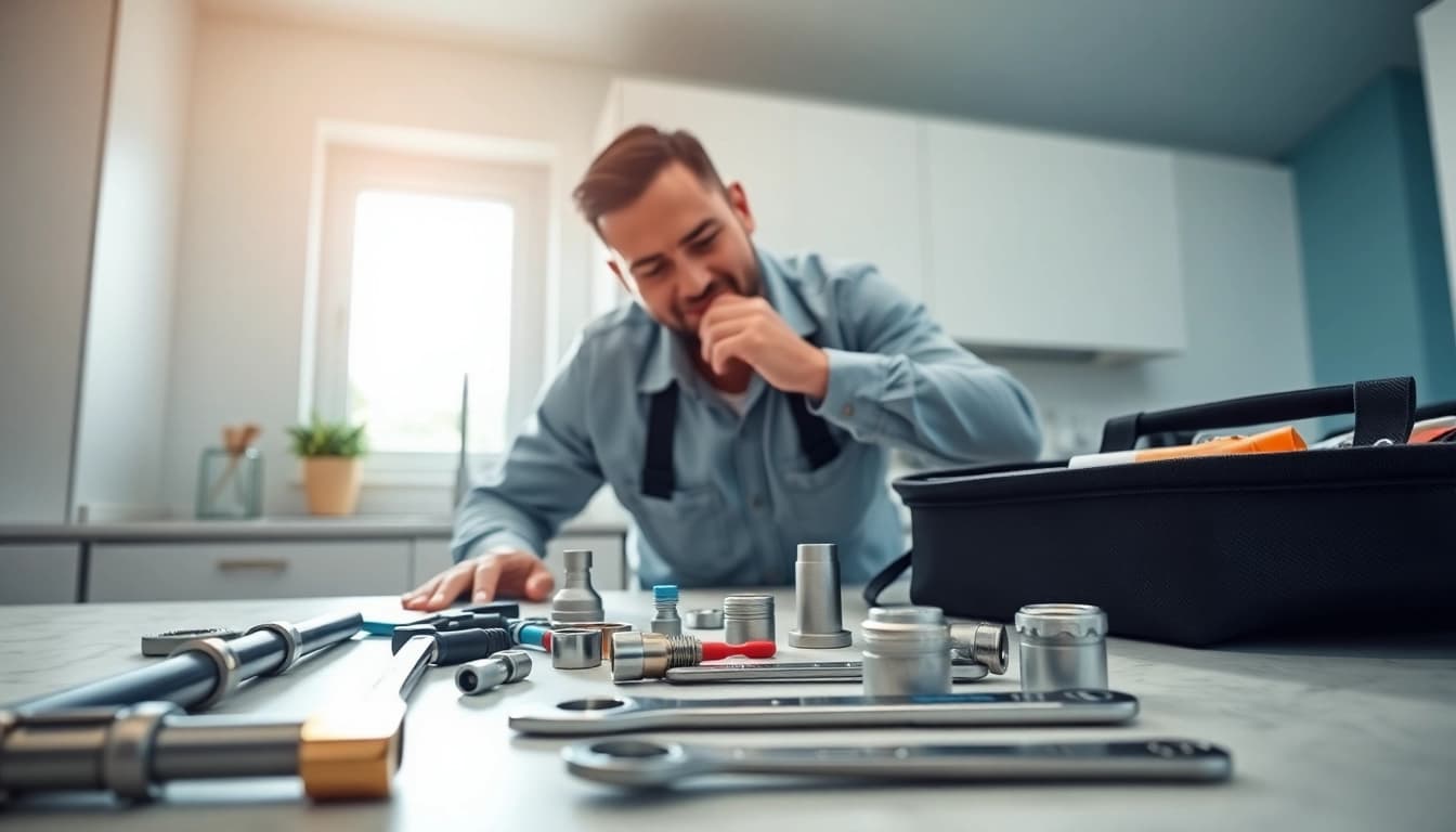 Hire a skilled plumber near me fixing pipelines in a bright, modern kitchen.