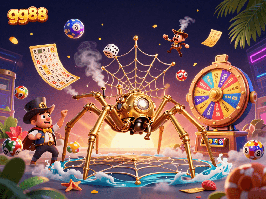 Experience thrilling moments at gg88 with a steampunk spider, bouncing lottery balls, and vibrant casino elements.
