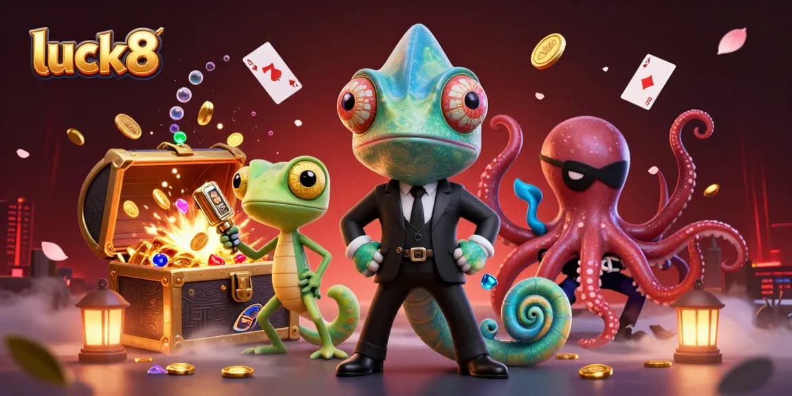 Experience the vibrant casino world of luck8 with characters and slot symbols cascading in a colorful scene.