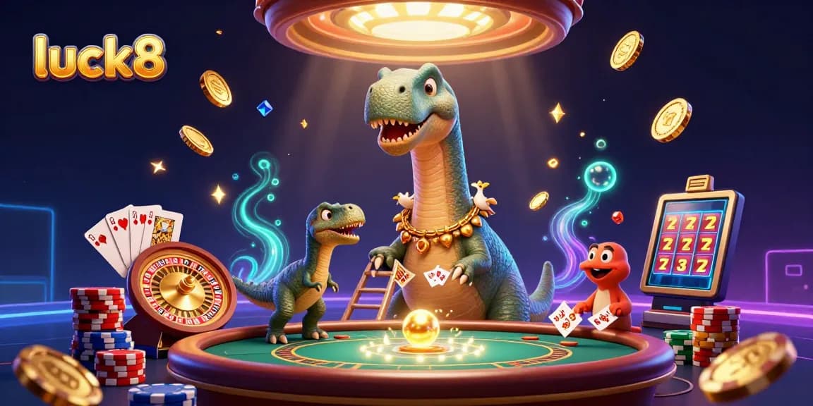 Luck8 showcases a whimsical casino scene with a brontosaurus and a raptor dealing cards.
