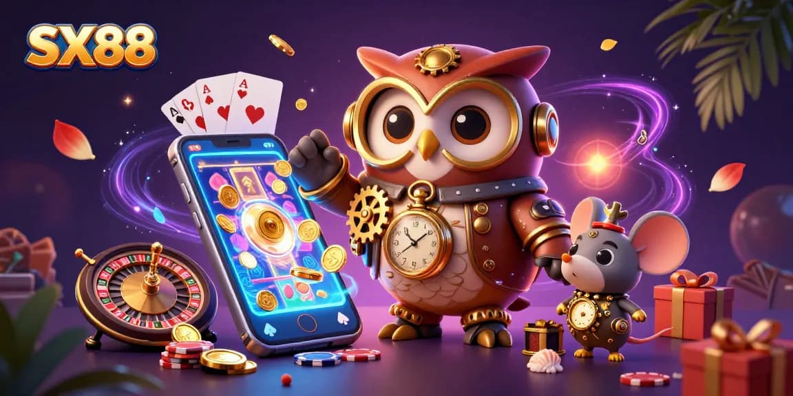 SX88 casino action captures the excitement with vibrant designs around a time-traveling owl and thrilling games.