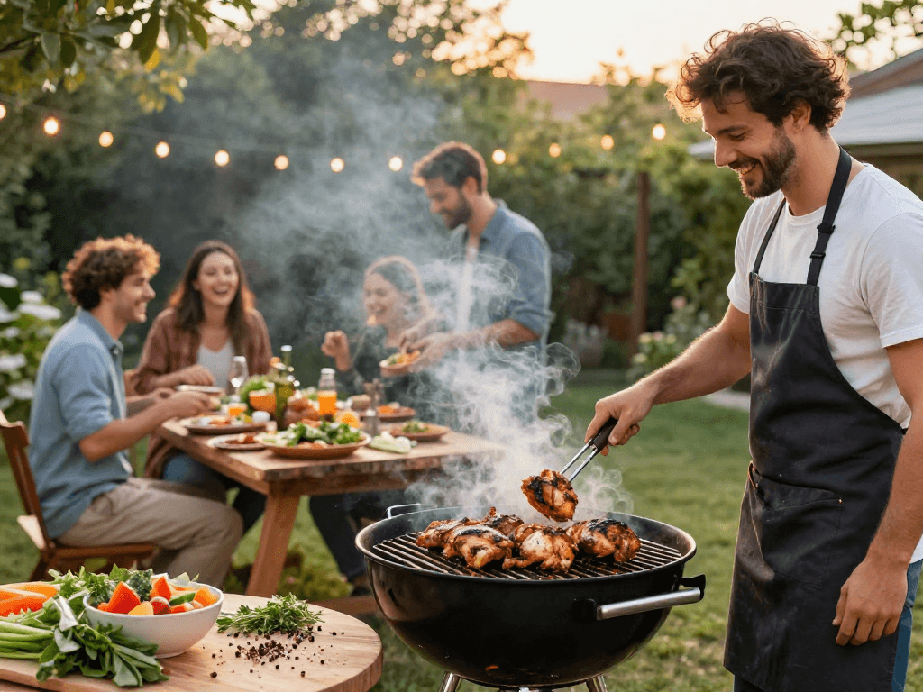 Experience flavorful grilled chicken with https://sambalrawitankoko.com's unique spices at a vibrant barbecue.