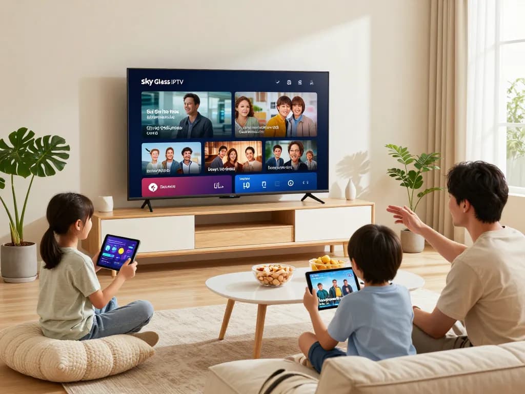 Family enjoying Sky Glass IPTV Subscription on smart TV in a cozy living room.