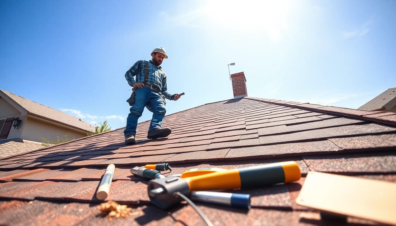 Roofing company professional inspecting a residential roof for quality assurance.