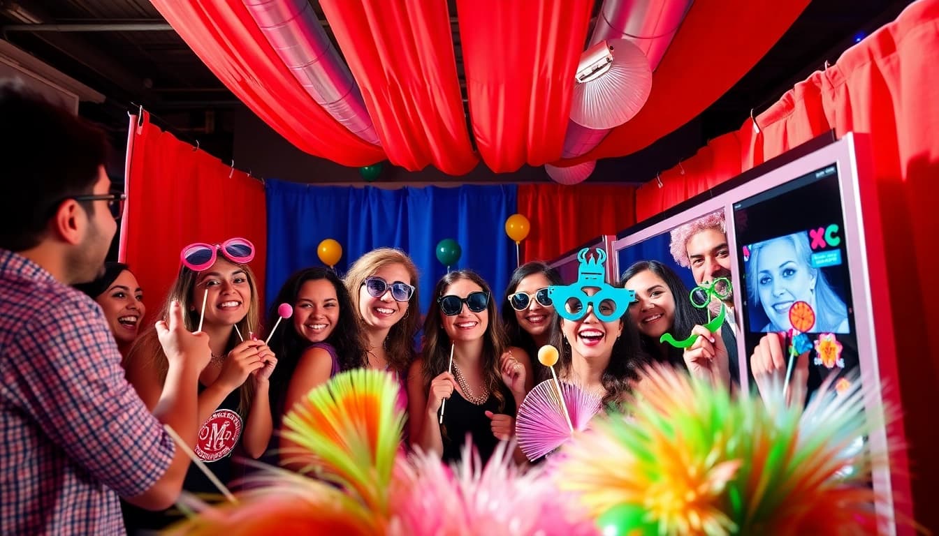 Engaging photo booth rental Chicago experience at a vibrant party with colorful decor.