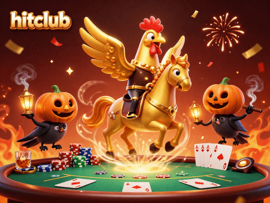 Experience the excitement at hitclub's casino with a golden rooster and friends in a vibrant, dynamic scene.