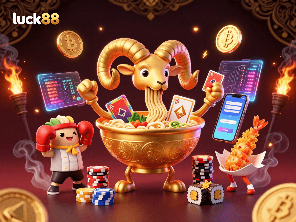 Engage with luck88's lively 3D casino scene featuring characters dealing cards and stacking chips.