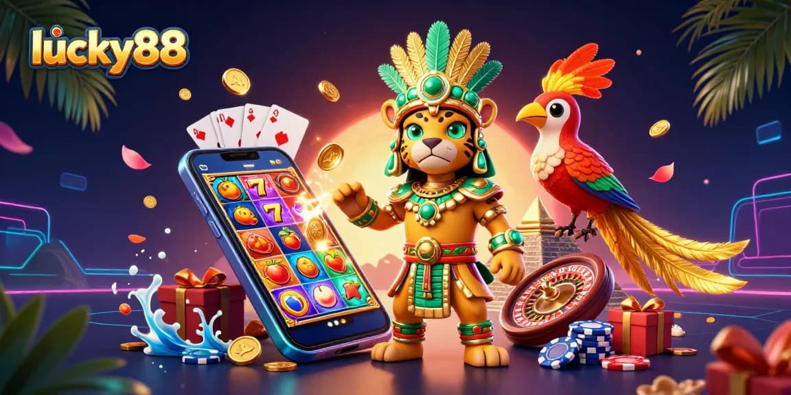 Experience thrilling wins at lucky88 with vibrant slots, golden coins, and Mayan stylized characters.