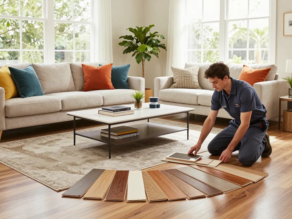 Stylish living room with new flooring, showcasing flooring specialists near me enhancing home design through expert advice.