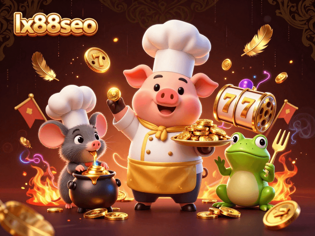 Win big with lx88seo as a pig chef, mouse, and frog explore a vibrant casino!