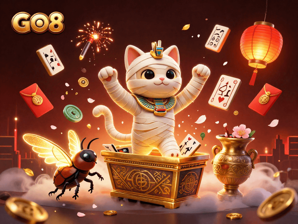 Experience vibrant gaming with GO8 in an intricate pyramid casino scene full of excitement.