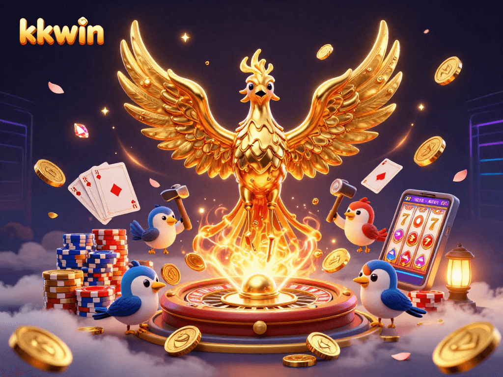 Engage in thrilling experiences with kkwin, featuring a molten golden phoenix and casino elements.