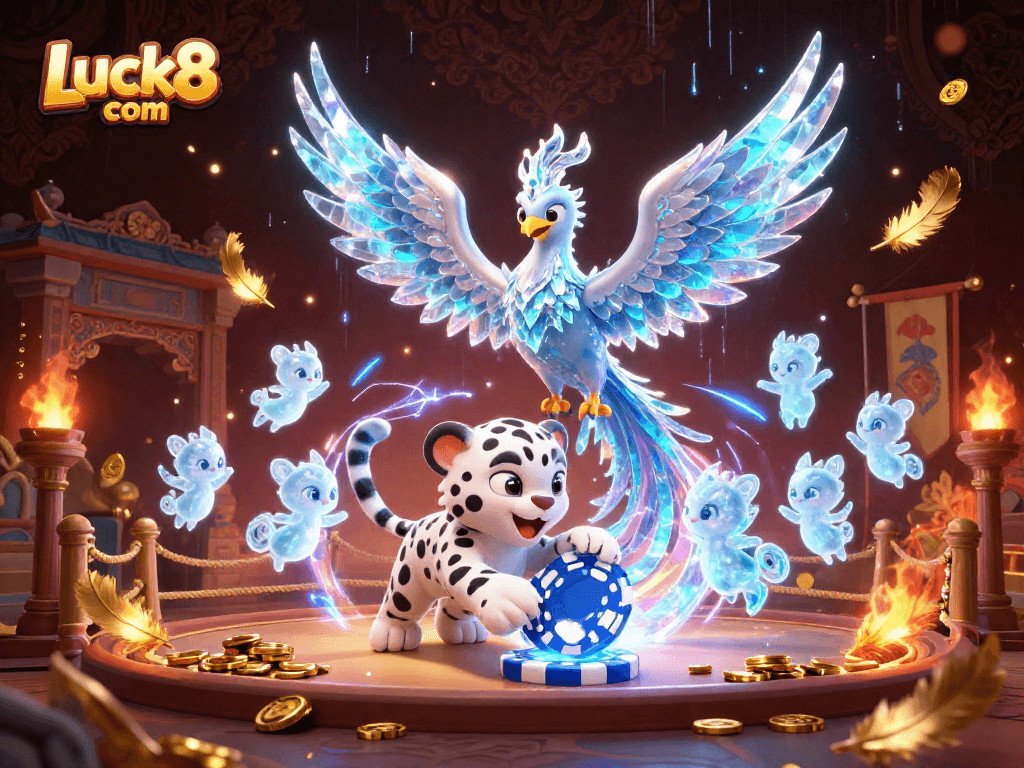 Experience the thrill of Luck8 com with an ice phoenix and playful snow leopard in a vibrant casino scene.