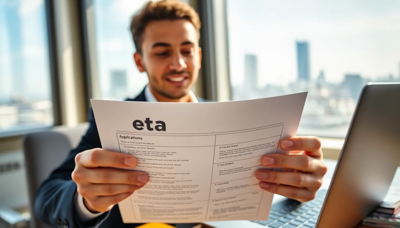 Filling out the eta UK application form with a focused determination in a modern office.