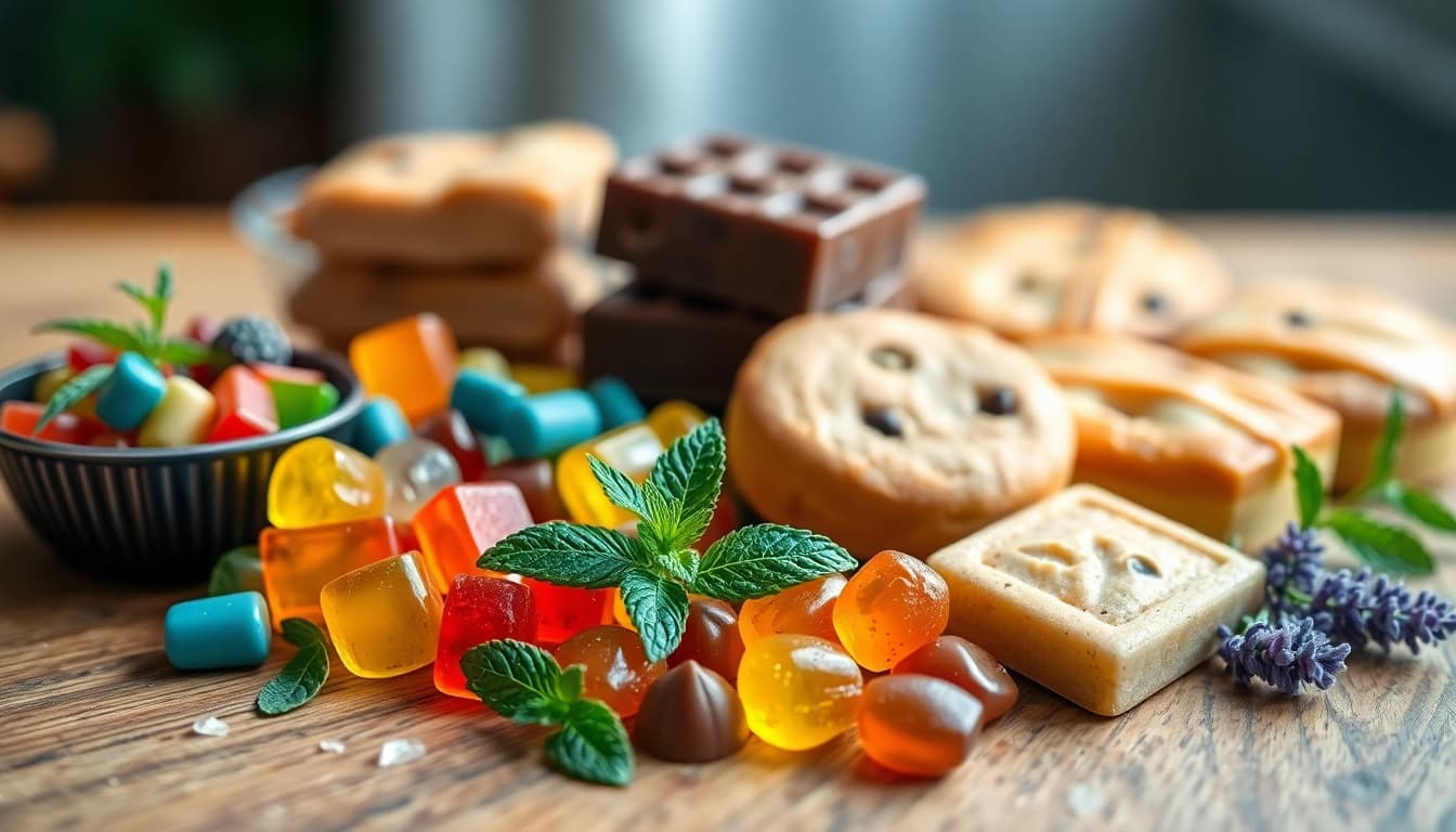 THC / CBD infused edibles UK displayed artistically on a wooden table with colorful delights.