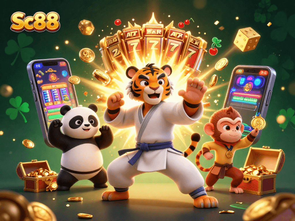 Experience the Sc88 thrill as the kung fu tiger and disciples engage in dynamic casino action amid winning symbols and golden treasures.