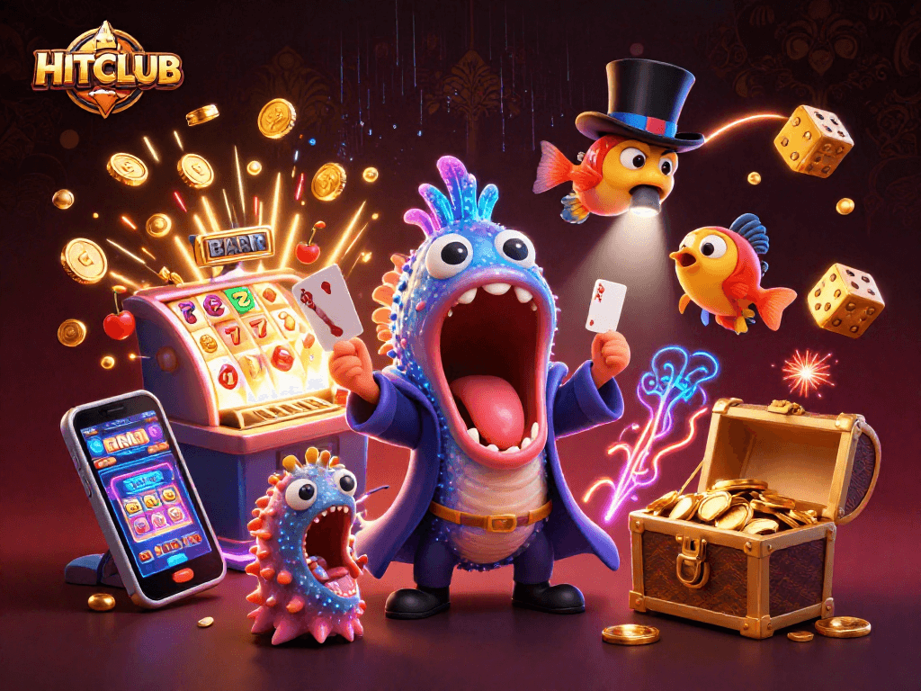 Experience HITCLUB's thrilling jackpots with dynamic 3D elements showcasing vibrant casino action.