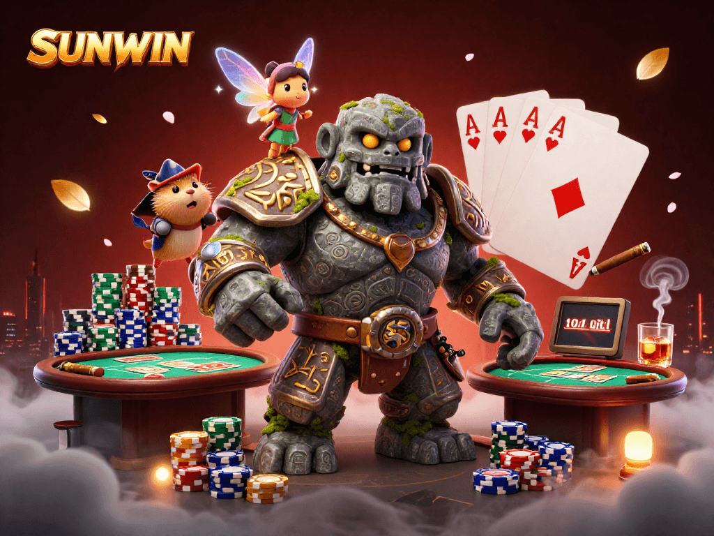 SUNWIN casino scene featuring a golem guardian, fairy, and hamster knight in a vibrant poker setting.