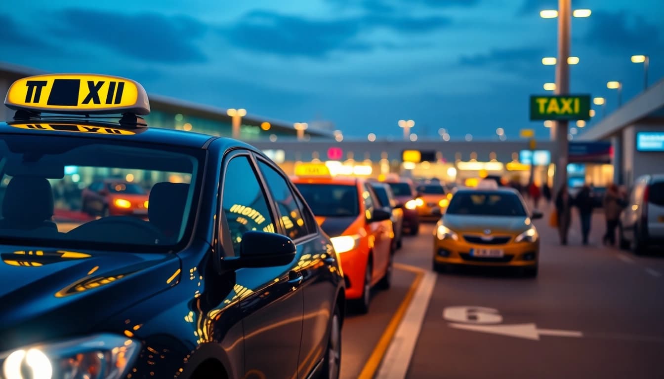 Gatwick Airport taxi service waiting for passengers during a vibrant evening.