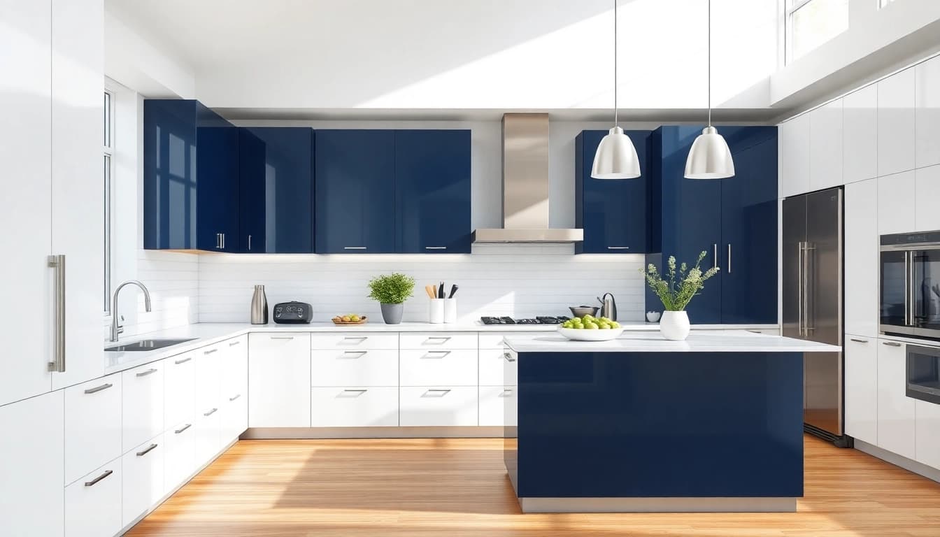 Showcase of Cabinet Refacing Clearwater FL with modern white and navy cabinets in a bright kitchen.