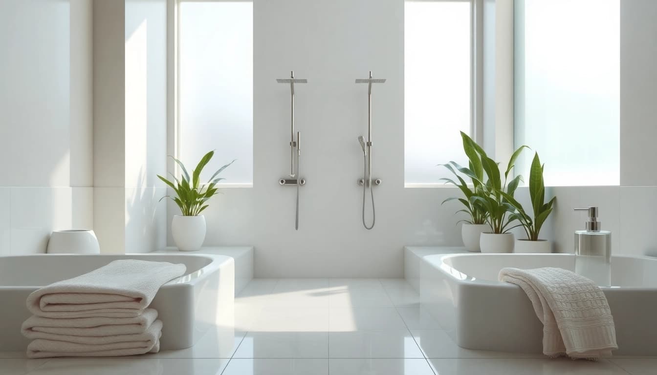 Experience elegant showers in a luxurious bathroom setting with modern fixtures and calming decor.