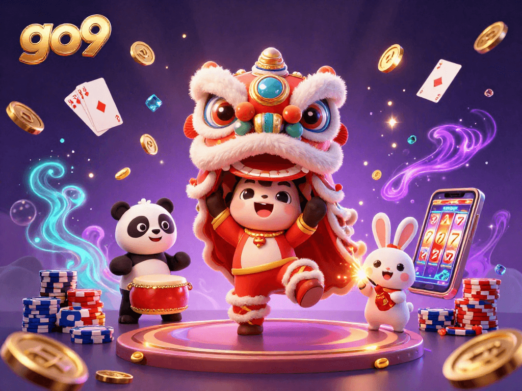 Experience the excitement at go9 as characters perform the lion dance amidst a vibrant casino scene.