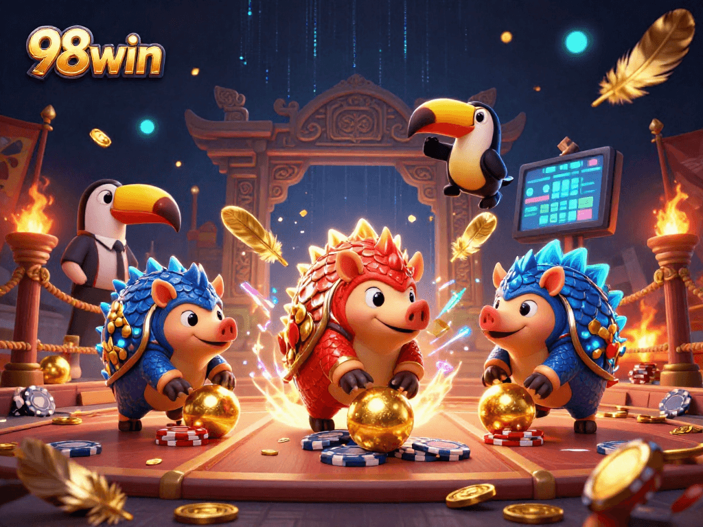 Experience thrilling competitions at 98win as rival pangolins roll through poker chips in an exciting casino scene.