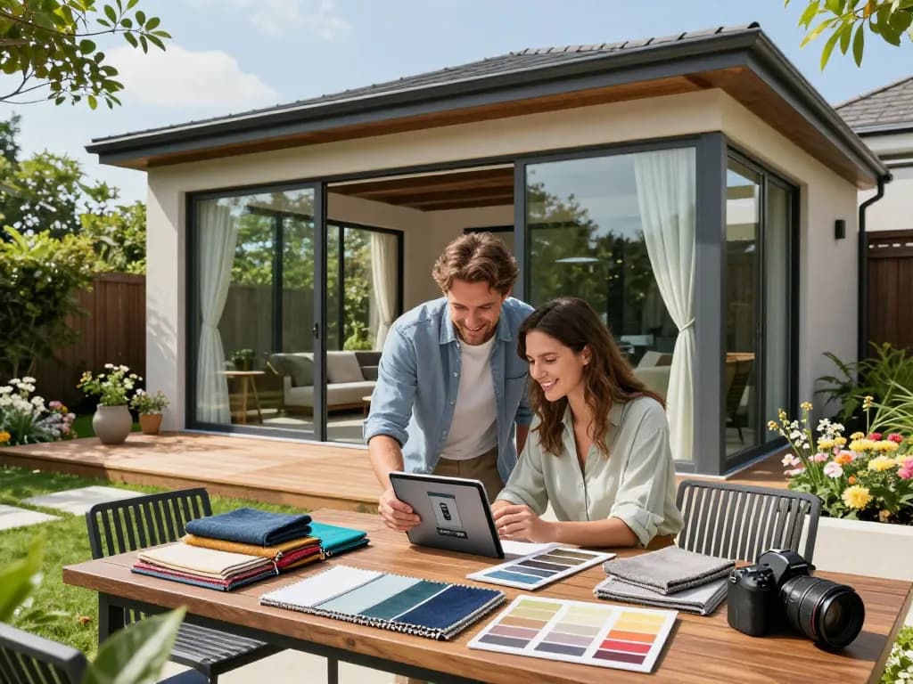 Couple using a veranda configurator app on a tablet to customize their dream outdoor space with stunning features.