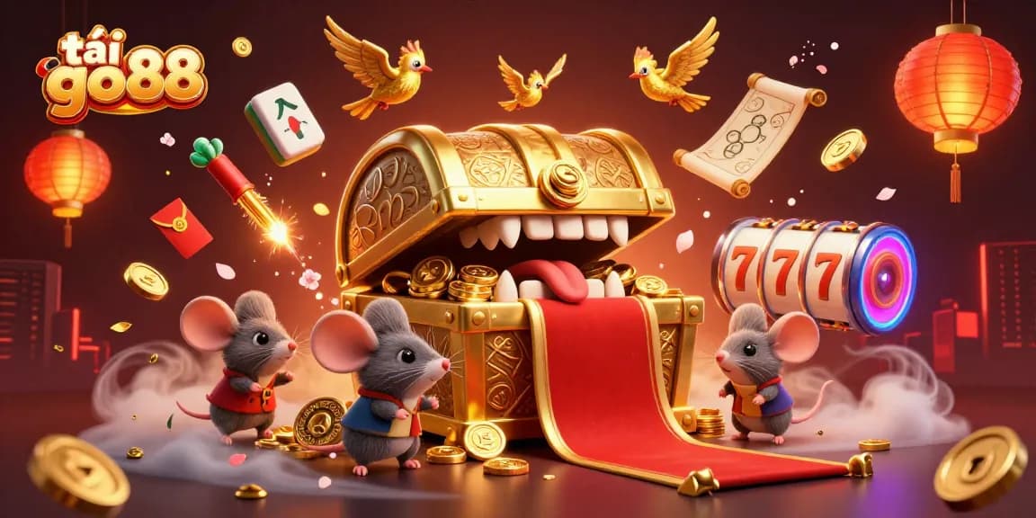 Spin to win with tải go88 as the vibrant treasure chest and mice create an exciting casino scene.