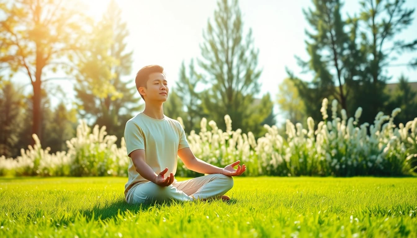 Promoting mental wellness through peaceful meditation in a tranquil outdoor setting.