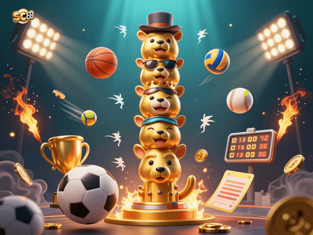 Experience the vibrant world of sports betting with SC88, featuring colorful totem art and flying sports balls.