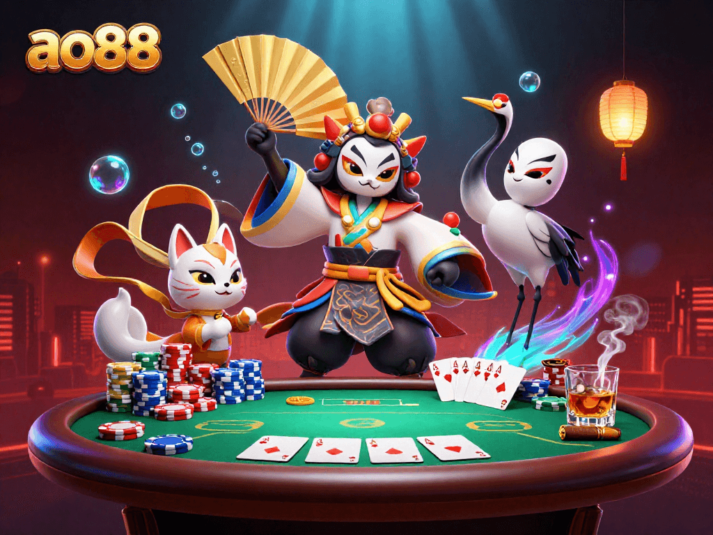 Experience the excitement of ao88 with vibrant poker action featuring kabuki warriors and kitsune masks.