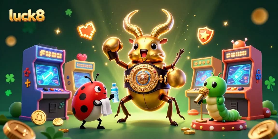 Engage in luck8's vibrant casino adventure with unique characters and colorful gaming elements in a dynamic 3D scene.