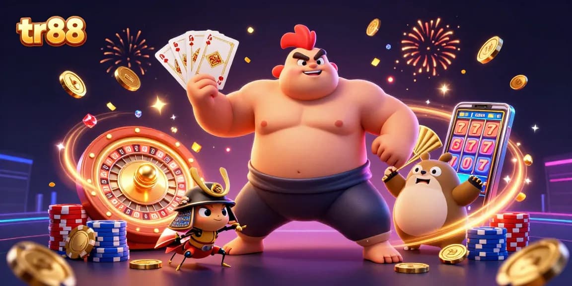 tr88 showcases an intense scene with sumo wrestler, samurai cricket, and tanuki in a vibrant casino atmosphere.