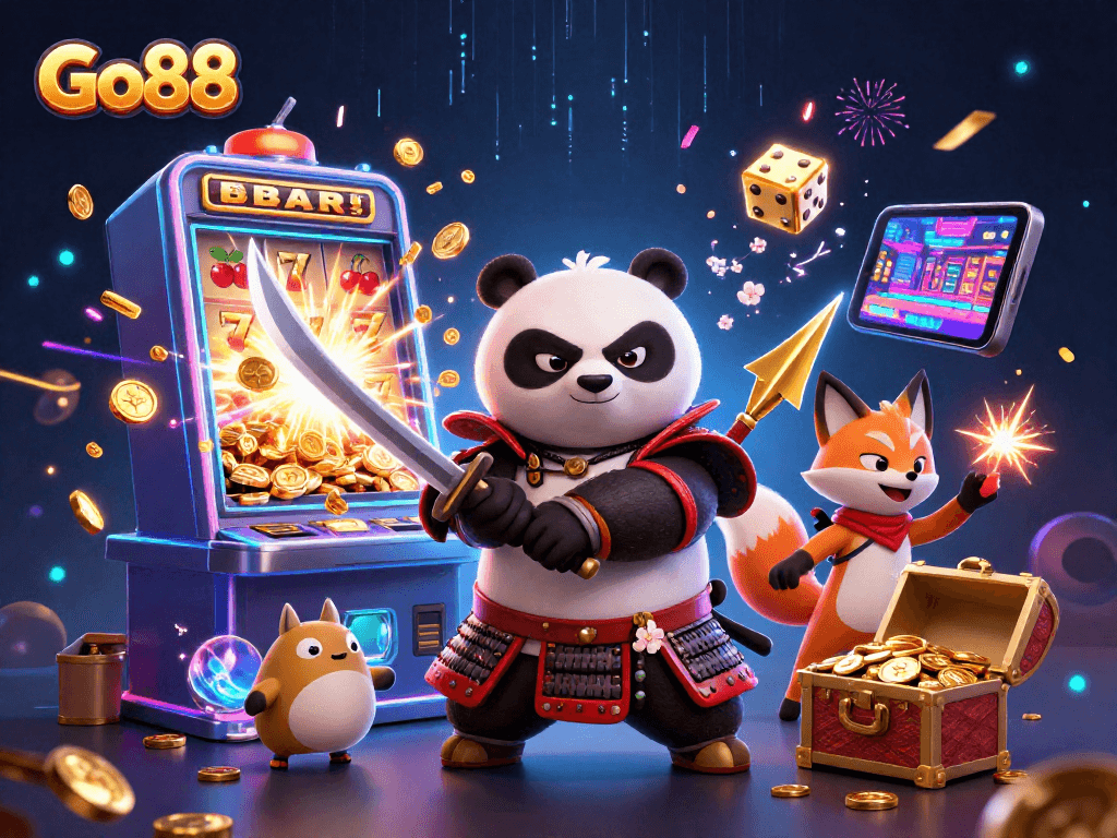 Engage with Go88's exciting jackpots, featuring vibrant characters in a dynamic casino scene.