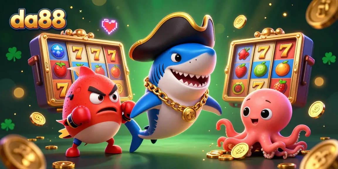 Engage with da88's vibrant slot machines, featuring animated characters in a lively 3D casino scene.