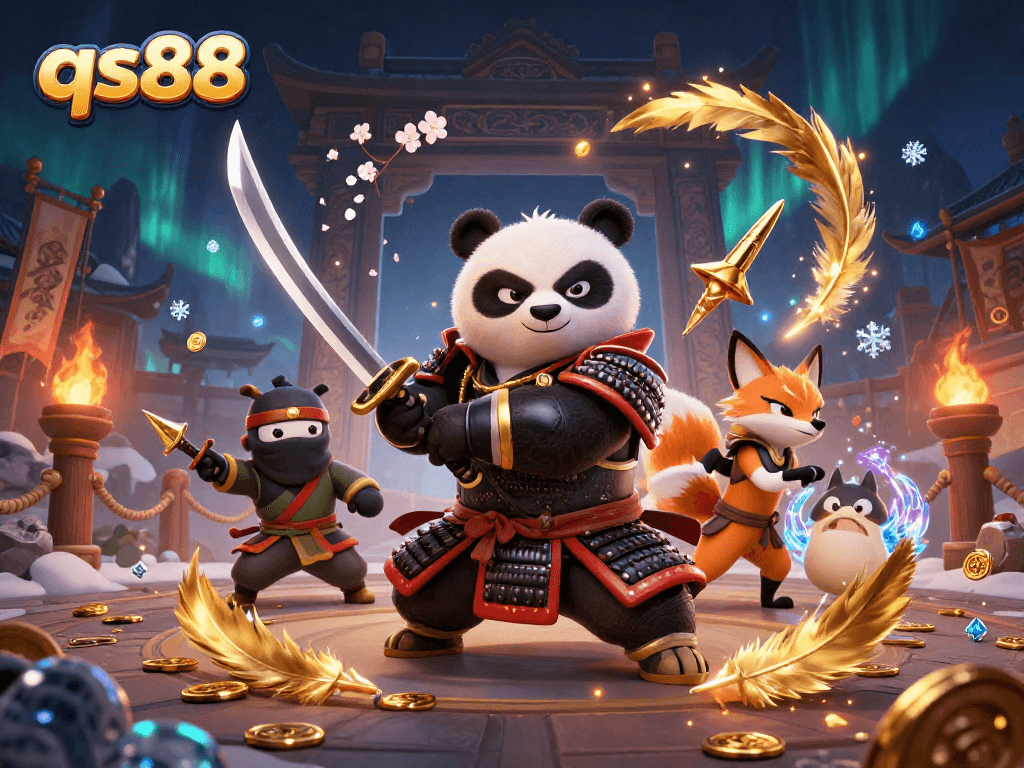 Experience the thrilling gameplay of qs88 with samurai panda and ninja fox in an energetic casino battle.