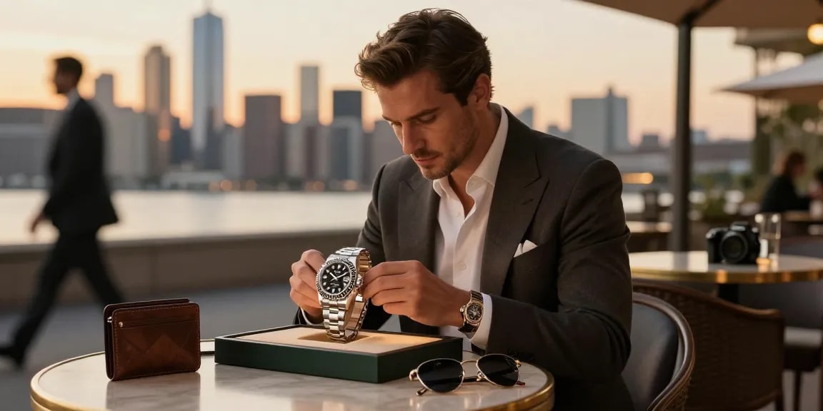 Exquisite Rolex super clone watches displayed with luxury accessories in urban setting.