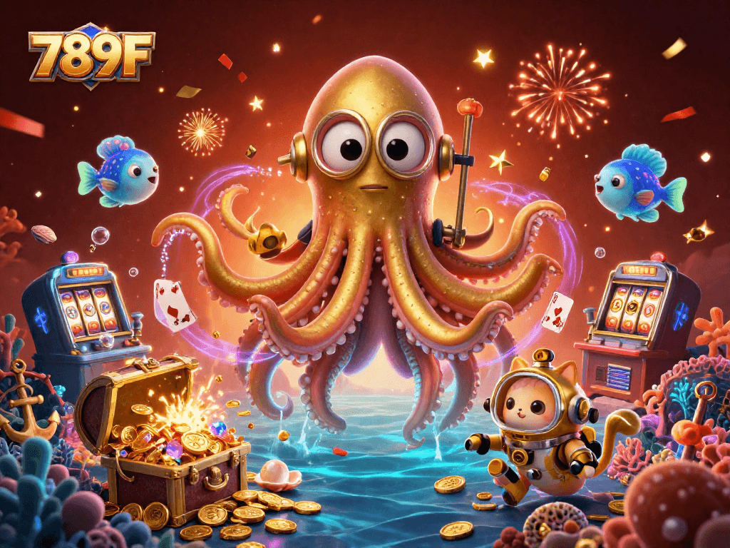Experience the thrill of winning at 789F with vibrant gaming elements and excitement surrounding the colossal kraken.