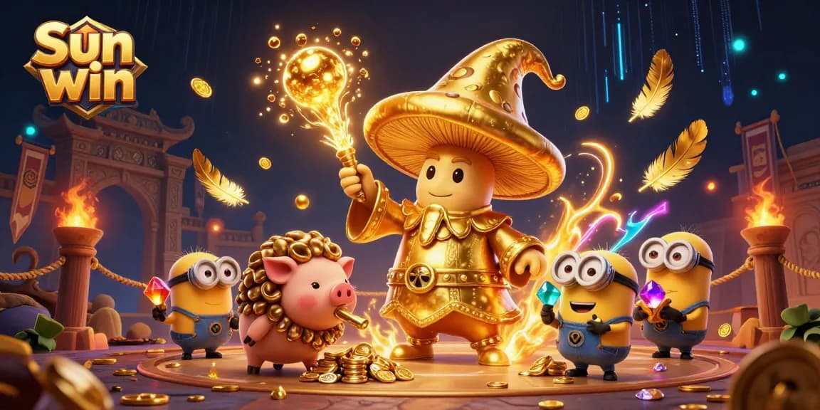 Experience the magic of Sun win with a whimsical wizard and treasure-hunting elements in a vibrant casino scene.
