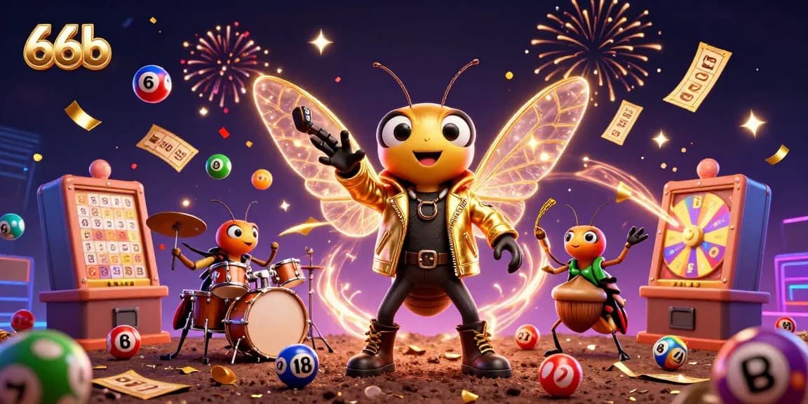 Experience exciting gameplay with 66b casino's vibrant lottery and game elements bursting from an energetic scene.