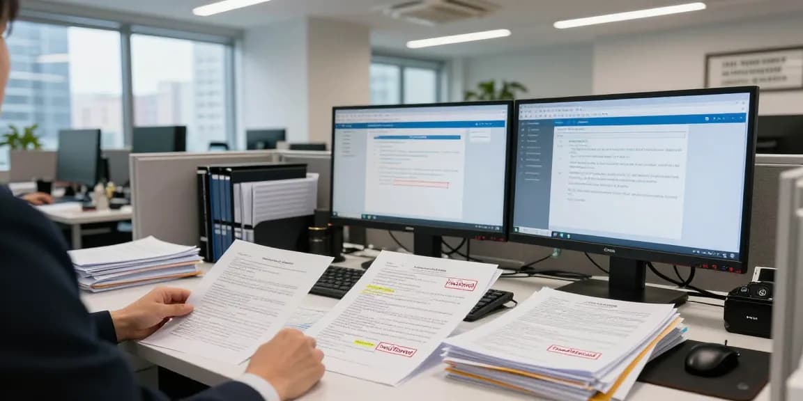 Compliance officer using document fraud detection tools in modern office, ensuring integrity.