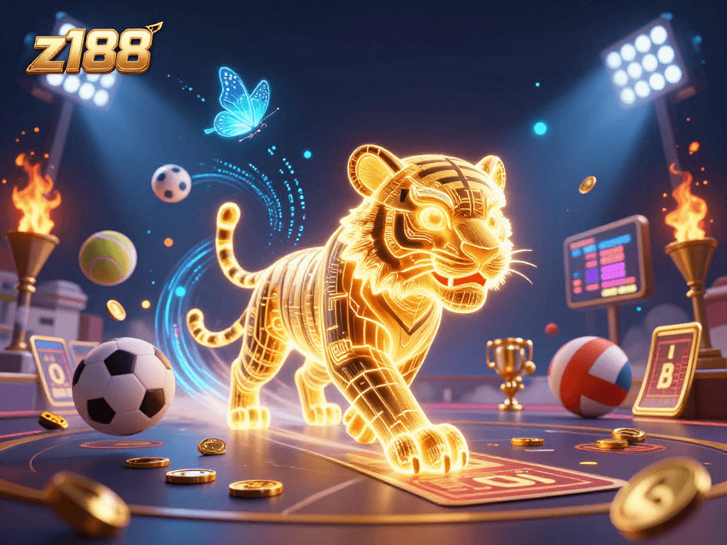Engage in thrilling moments at z188 with a dynamic digital casino scene featuring exciting sports elements and rich visuals.