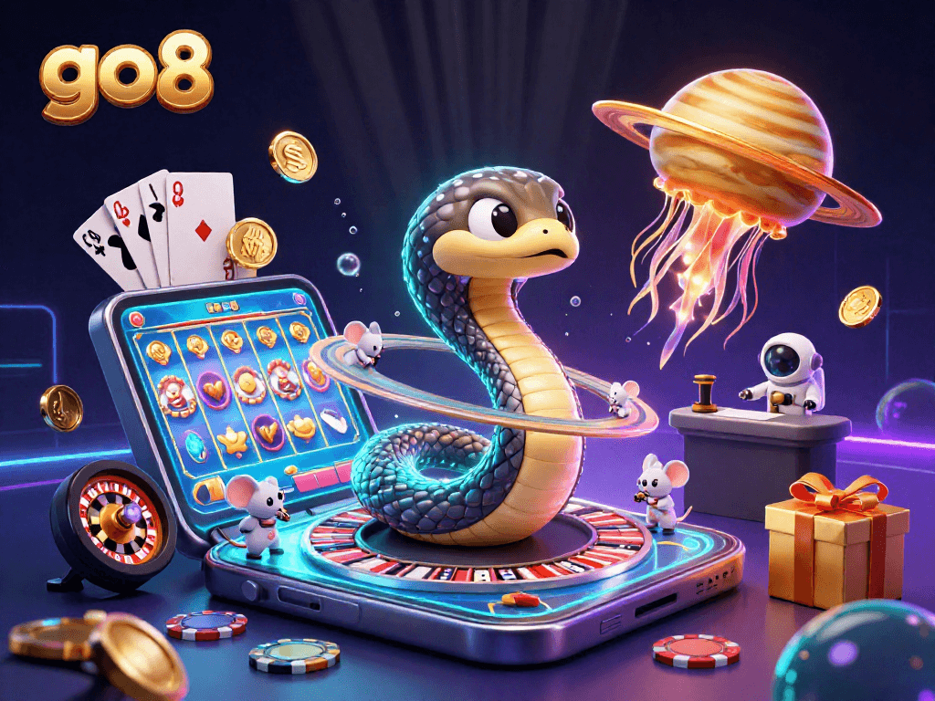 Bet on the cosmic roulette at go8 with a 3D Saturn snake and astronaut mice in a vibrant casino scene.