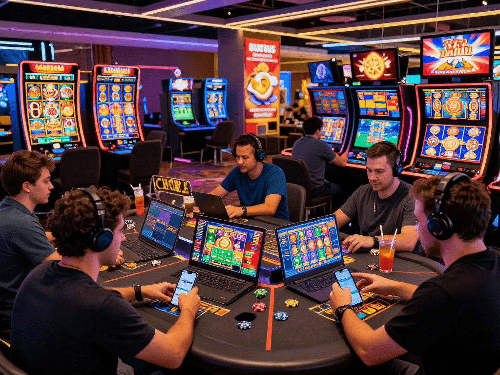 Engaging online gaming scene at https://cybermentors.org.uk, showcasing players enjoying vibrant casino games on various devices in an exciting virtual environment.