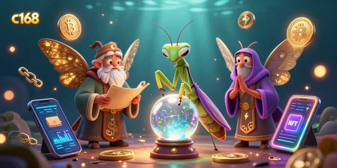 Win big at c168 with a vibrant 3D scene featuring a mystical fortune teller and vibrant crypto elements.