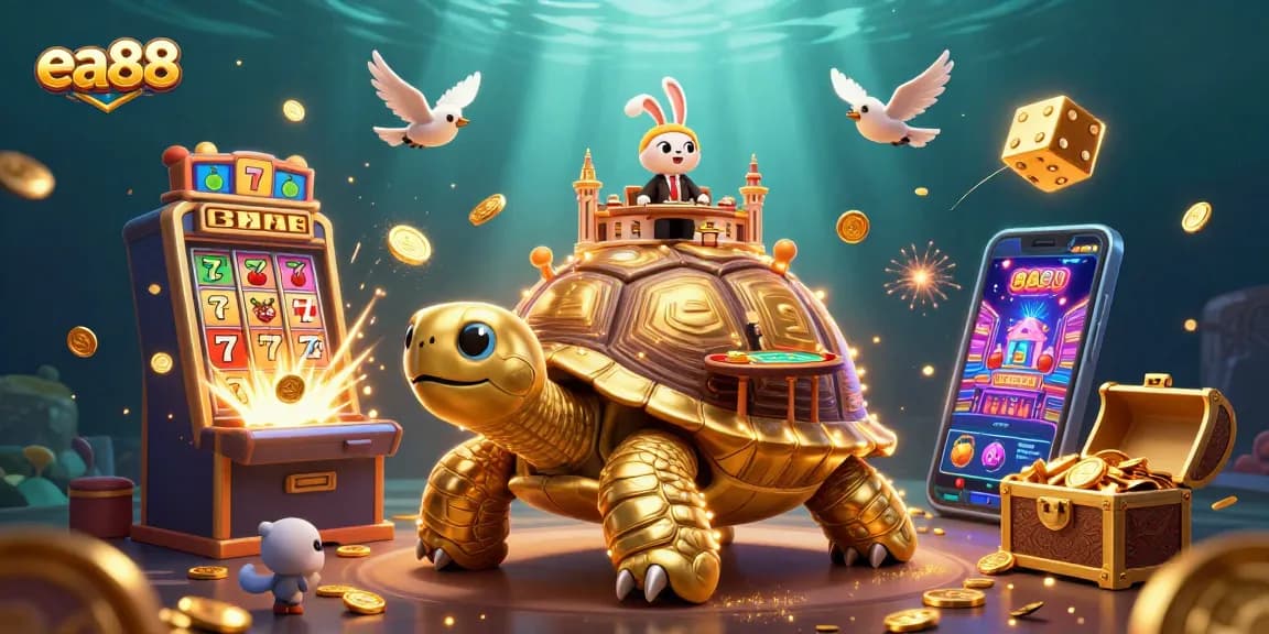 Join the excitement with ea88 as a golden tortoise brings a vibrant casino experience surrounded by riches.
