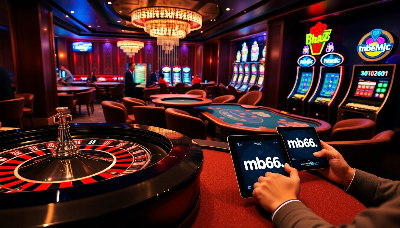 Experience the excitement of mb66.nyc through a vibrant casino scene with roulette, poker, and slot machines.