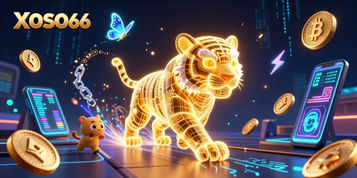 XOSO66 showcases an energetic digital casino scene featuring a neon tiger among crypto coins and holographic displays.
