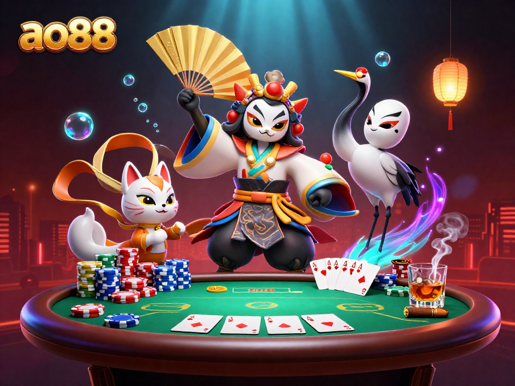 Experience the excitement of ao88 with vibrant poker action featuring kabuki warriors and kitsune masks.